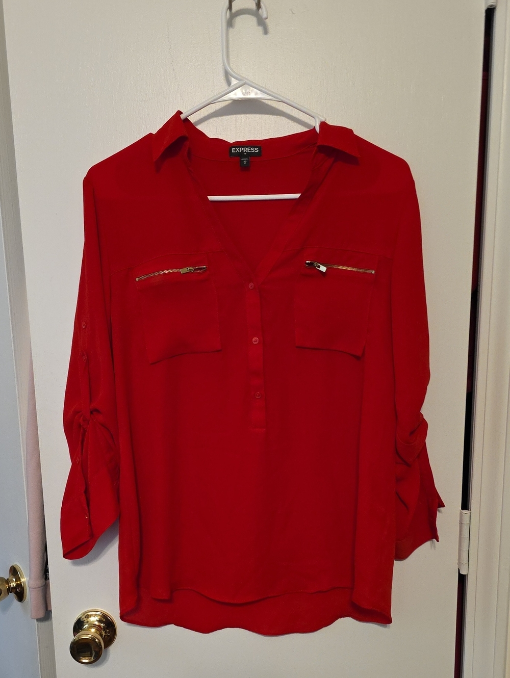 Express Red Button-Front Utility Blouse